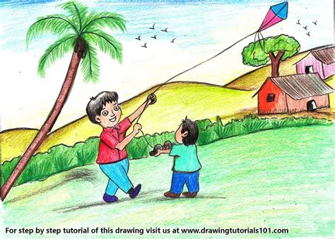 How to Draw a Boy Flying Kite Scene (Scenes) Step by Step ...