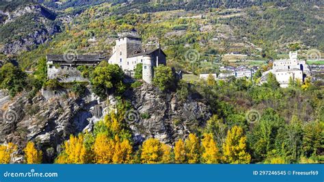 Scenic Valley Aosta (Valle D Aosta) in Northern Italy. View of Medieval ...