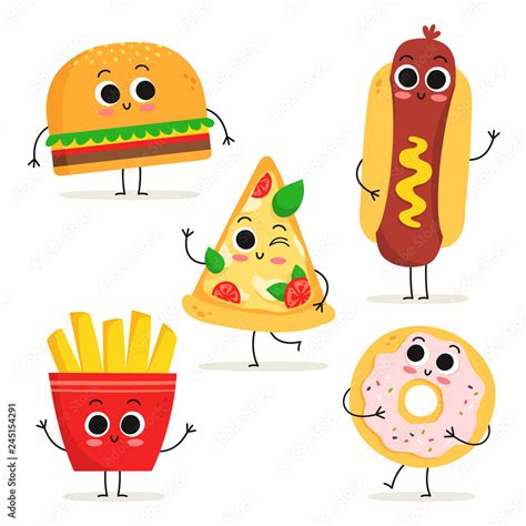 Set of 5 cute cartoon fast food characters isolated on white Stock ...