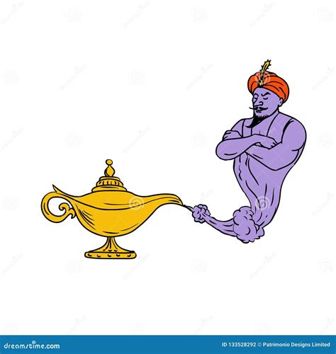 Genie Coming Out Of Golden Oil Lamp Drawing Color Stock Vector ...