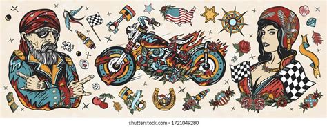 Bikers Old School Tattoo Collection Bearded Stock Vector (Royalty Free ...