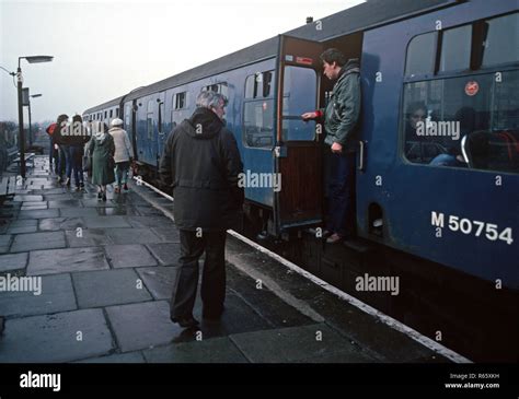 Passengers at Hapton station on the British Rail Preston to Colne ...