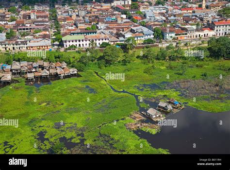 Peru, Amazon, Amazon River, Iquitos. Aerial view of the port, harbour ...