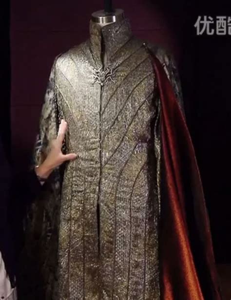 a man standing next to a mannequin wearing a gold and red cape on display