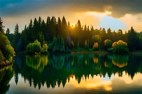 Premium AI Image | a forest with a lake and a sunset in the background.