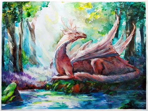 Dragon Painting Original Watercolor Forest Artwork Fantasy Art | Etsy