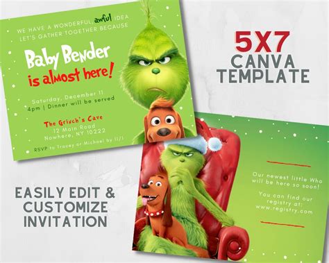 Grinch Baby Shower Bundle, Christmas Baby Shower Invitation Set, Canva ...