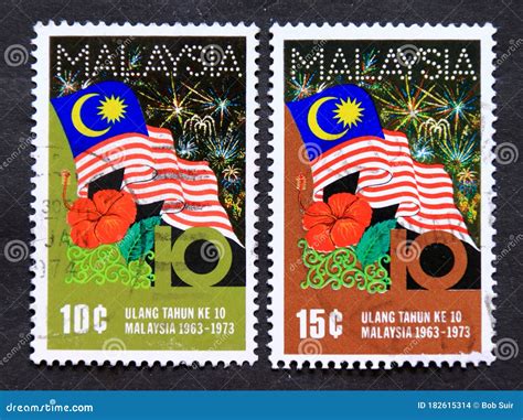 Post Stamp Printed in Malaysia 1973 Flag, Fireworks, Hibiscus Editorial ...