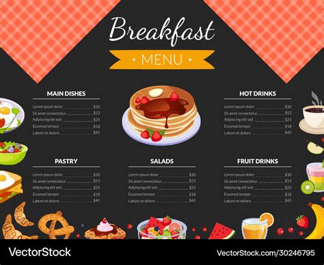 Breakfast menu template for restaurant and cafe Vector Image