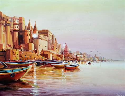 Buy Painting Subah Banaras Ghats Boats Artwork No 17753 by Indian ...