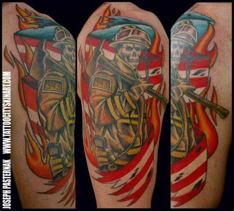 FireFighter Holding Axe With American Flag by Joseph Pasternak: TattooNOW