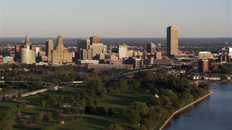 5.7K stock footage aerial video of the city's skyline at sunset ...