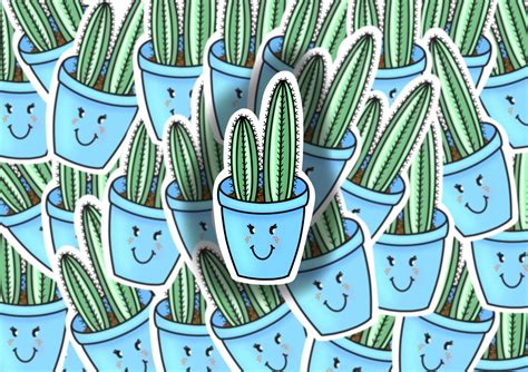 Cactus sticker with smiley face blue potted cactus design | Etsy