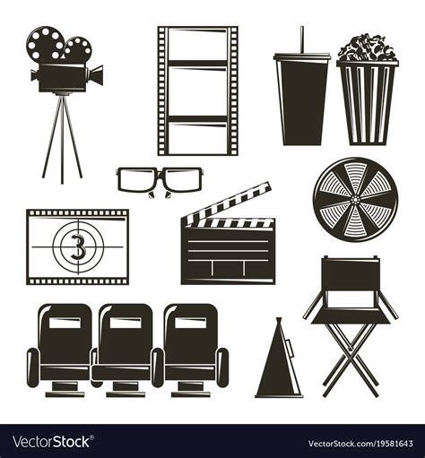 Cinema movie film equipment set icons Royalty Free Vector