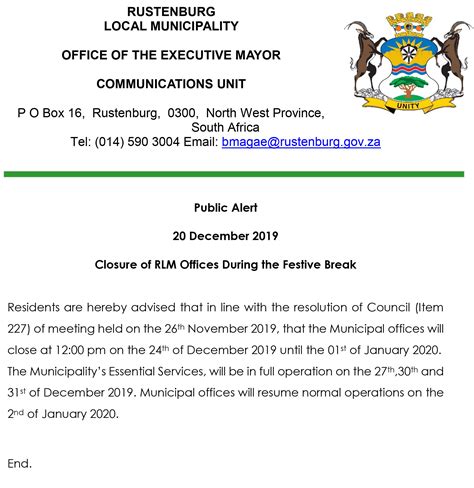 Festive Break Office Closure | Rustenburg Local Municipality