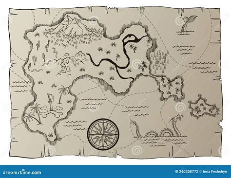 Antique Treasure Map. Cartoon Island Map Template For Next Level Game ...