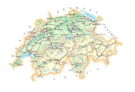 Detailed elevation map of Switzerland with roads, cities and airports ...