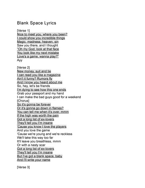 Taylor Swift Blank Space Lyrics