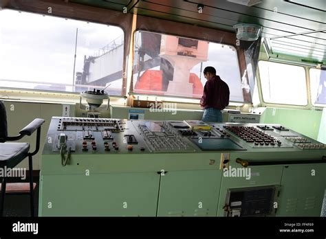 Interior of the Bridge, control center of the ship on container ship ...