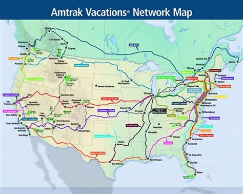 Amtrak Vacations Network Map | Train travel usa, Cross country train ...