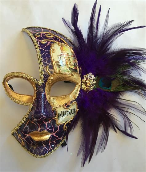 Venetian style Mardi Gras 3/4 face mask with purple and peacock feather ...