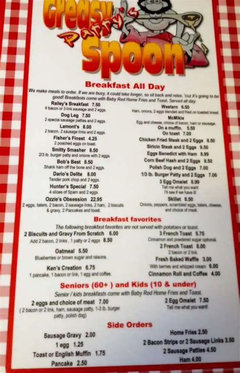 Menu at Pappy's Greasy Spoon cafe, Canby