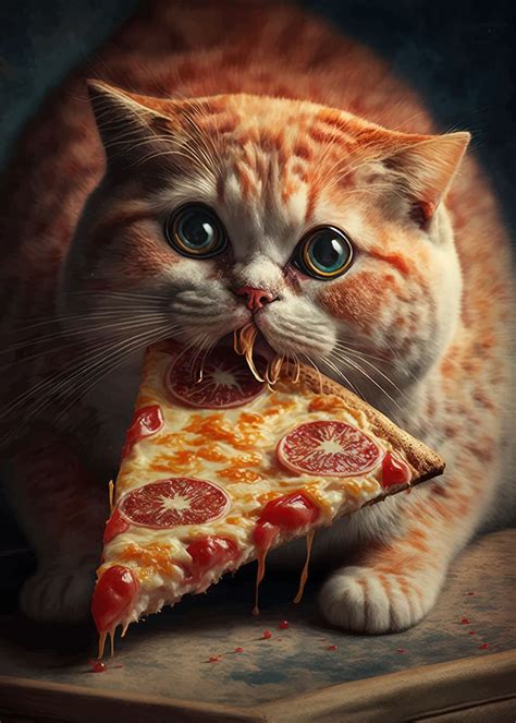 'Funny Cat Eating Pizza' Poster, picture, metal print, paint by Neo ...