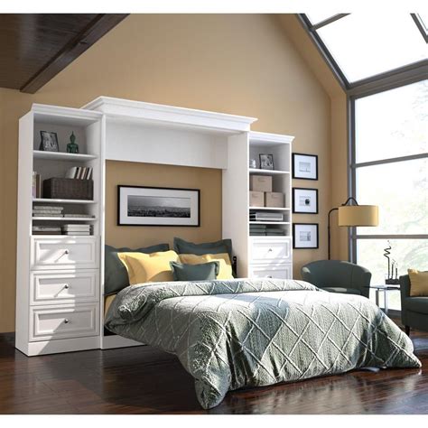 Queen Murphy Bed White Wall Bedroom Bookcase Drawers Storage Unit SPACE ...