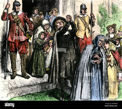 New England Puritan colonists leaving church 1600s. Hand-colored Stock ...