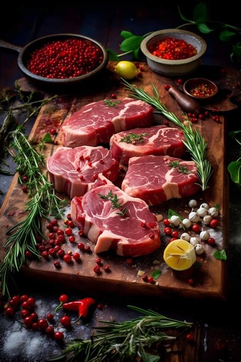 Fresh cuts of meat on a board with garlic and herbs - Zwin