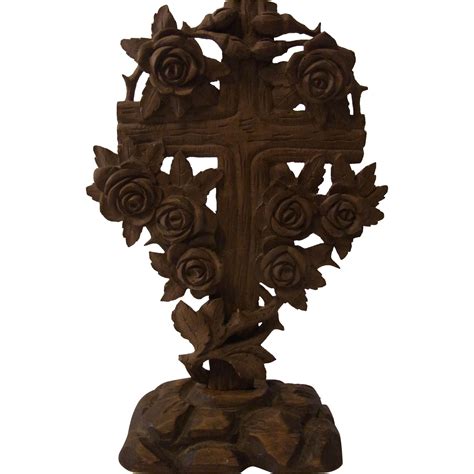 Antique German Folk Art Carved Wood Cross Roses from eddys on Ruby Lane