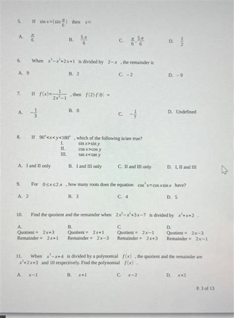 Solved 5. If sinx=(sin6π) then x= A. 6π B. 65π C. 6π,65π D. | Chegg.com