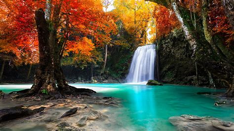 Waterfall-in-Kanjanaburi, nature, waterfalls, water, orange, Thailand ...