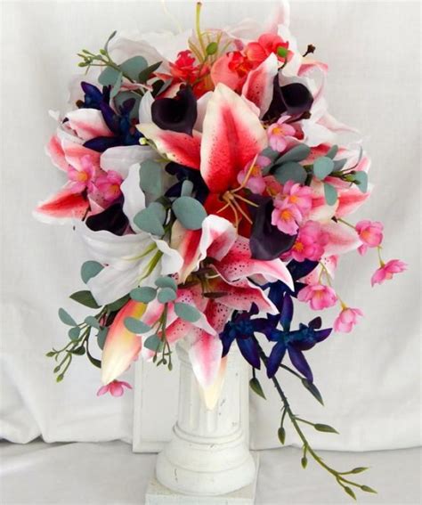 Cascade Bridal Bouquet Tiger Lilies Rubrium And White Calla Lilies Blue ...