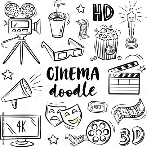 Set of cinema and movie related doodles vector illustration. Cinema ...