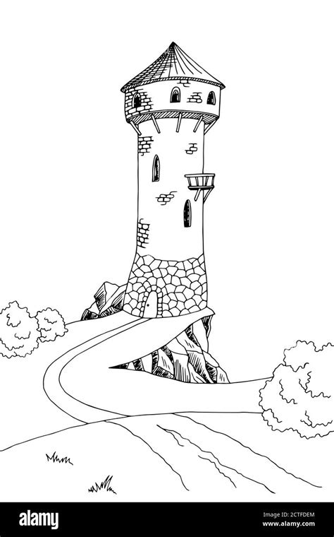 Old tower graphic art black white landscape sketch illustration vector ...