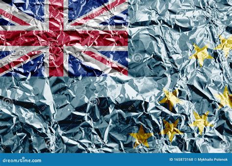 Tuvalu Flag Depicted in Paint Colors on Shiny Crumpled Aluminium Foil ...