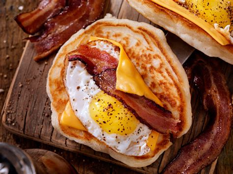 Pancake Breakfast Taco With Suny Side Up Eggs Bacon Cheese Stock Photo ...