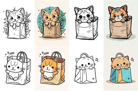 Premium Vector | Little cat in a paper shopping bag bundle funny cat ...