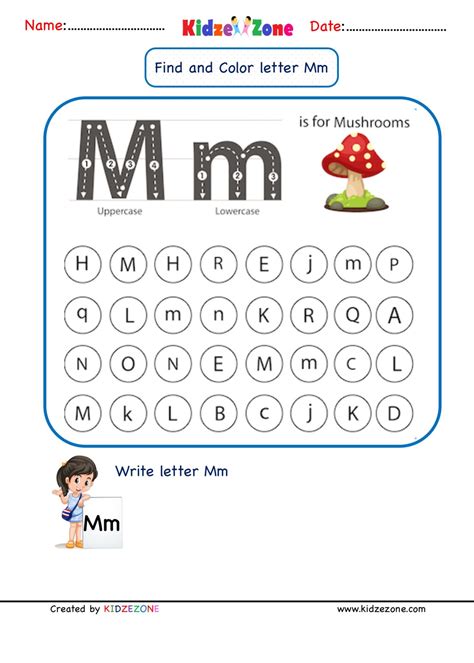 Kindergarten Letter M worksheets - Find and Color - KidzeZone