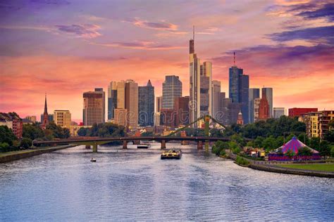 Frankfurt Skyline at Sunset in Germany Stock Image - Image of bridge ...