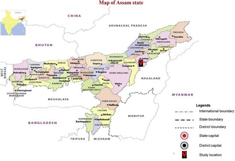 Geographical map of Assam showing the international boundaries, state ...