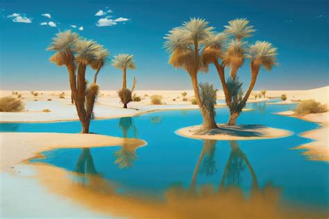 Premium Photo | Desert mirage of oasis with palm trees and clear blue water