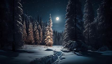 Premium Photo | Snowy winter forest at night with full moongenerative ai