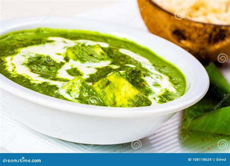 Palak Paneer with Rice on White Plate Stock Photo - Image of homemade ...