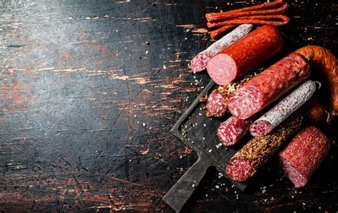 Premium Photo | Different types of salami sausage on a cutting board