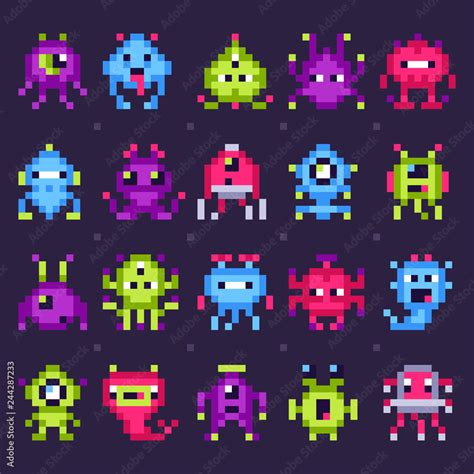 Pixel space monsters. Arcade video games robots, retro game invaders ...