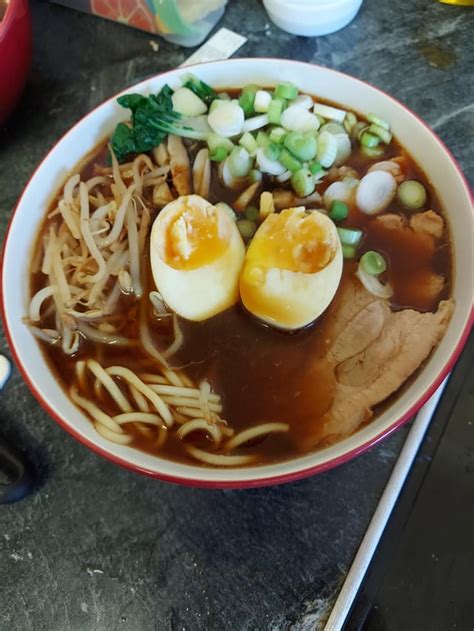 First try at homemade Shoyu Ramen! Toppings are Roast Pork shoulder ...