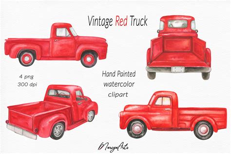 Red Truck Clipart, Vintage Pick Up, Hand Painted Watercolor (708321 ...