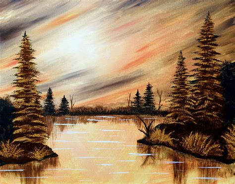 "Orange Lake" | Painting, Landscape paintings, Abstract art painting